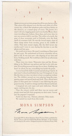 BROADSIDE: "Absence has qualities . . ." from "The Lost Father." by Simpson, Mona.