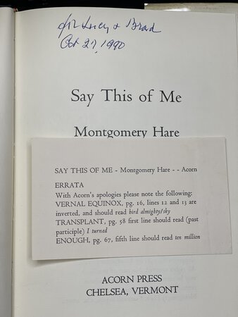 SAY THIS OF ME. by Hare, Montgomery (1911-1998)
